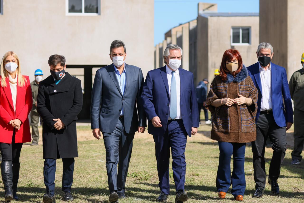 El presidente Alberto Fernández y la vicepresidenta Cristina Kirchner, juntos en el acto de lanzamiento del Programa Reconstruir. (Presidencia)