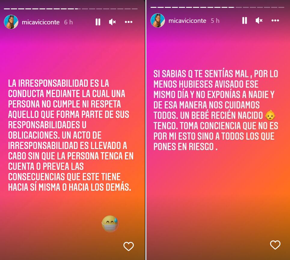 Las publicaciones de Mica Viciconte descargandose en redes. (Instagram Mica Viciconte)