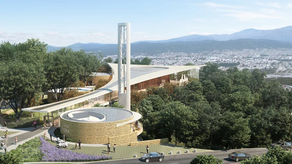 Una ilustración muestra cómo quedará la obra del Centro Cultural "Lola Mora" finalizada, con la colosal figura de la torre eólica helicoidal visible desde largas distancias.