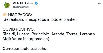 Aldosivi presentó siete casos positivos y un contacto estrecho.