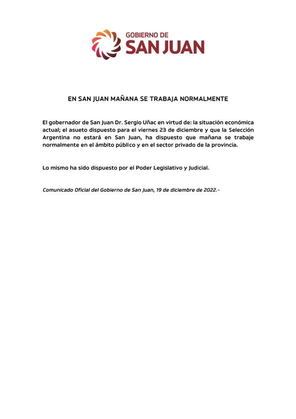 San Juan anunció que no adhiere al feriado nacional decretado por el gobierno para el festejo del triunfo de la Selección.