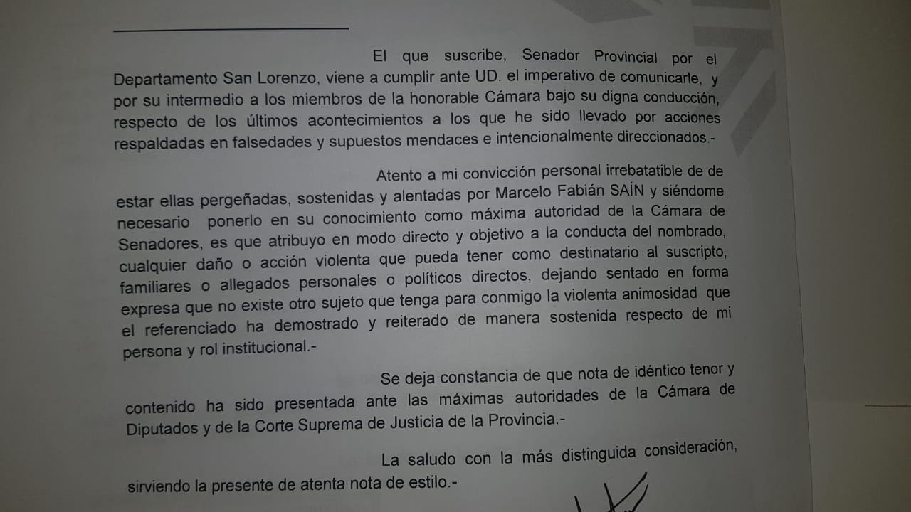 La carta que Traferri remitió a Diputados, Senadores y a la Corte Suprema