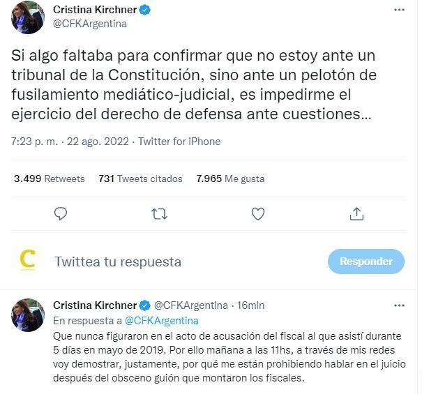 Los tuits de Cristina Kirchner tras el fallo de la fiscalía