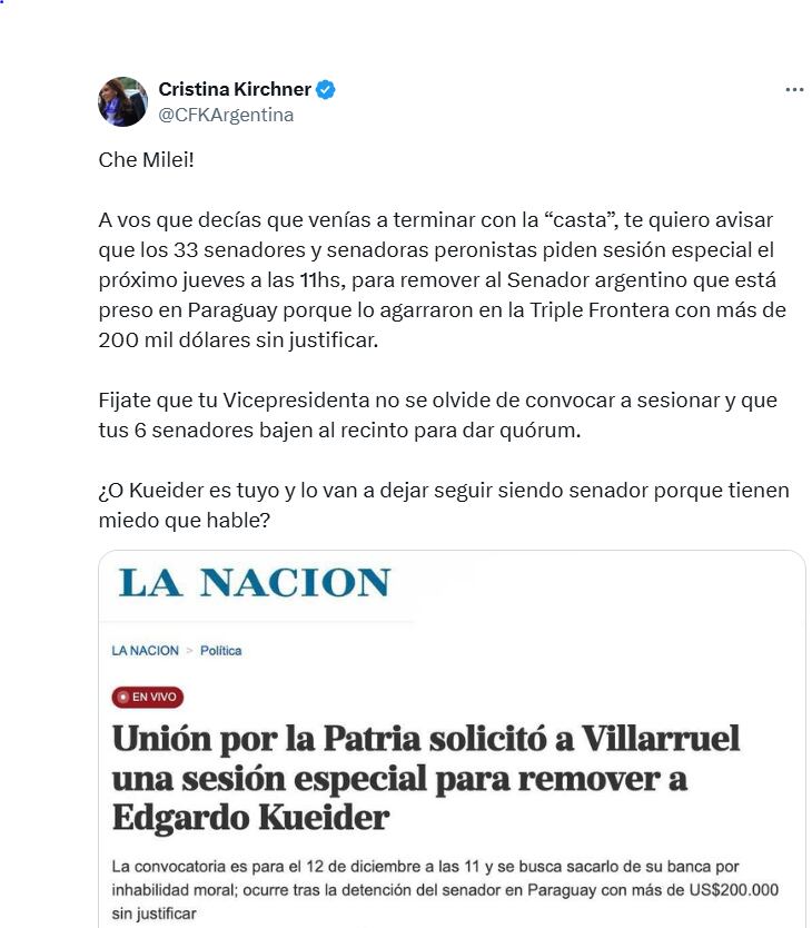 Caso Senador Kueider: Cristina Fernández y un fuerte mensaje para Javier Milei