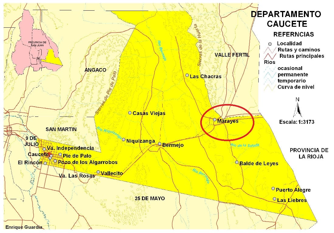 Ubicación de la localidad e Merayes, Caucete, San Juan.