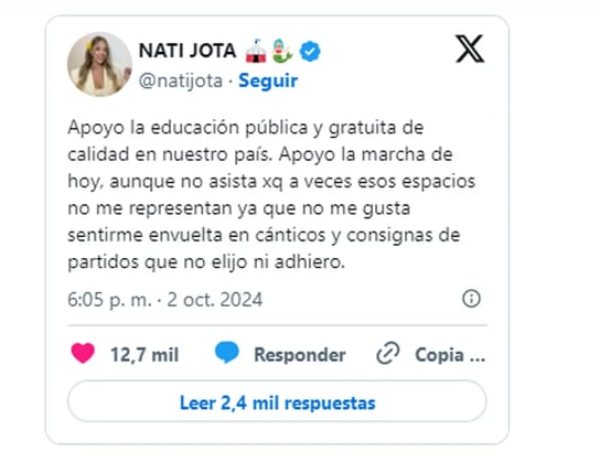 El tweet de Nati Jota.