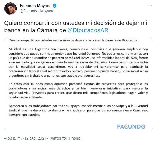 Facundo Moyano deja su banda en Diputados.