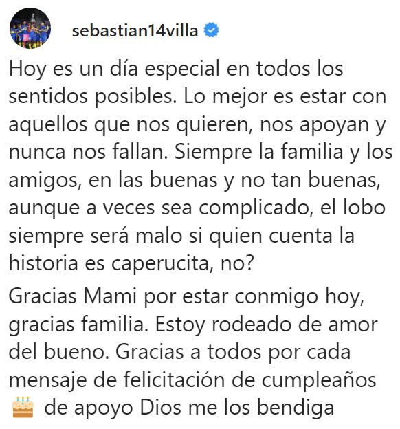 El polémico mensaje de Sebastián Villa en Instagram.