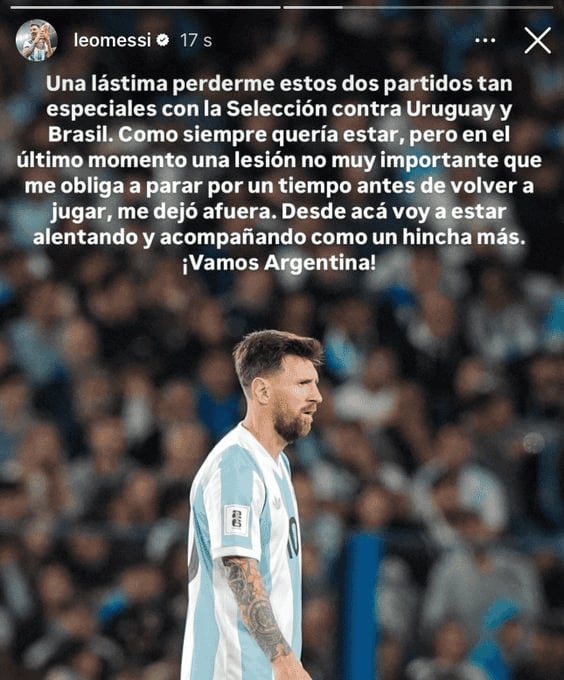 El ídolo compartió una historia de Instagram luego de quedarse afuera de los próximos partidos de la Selección.