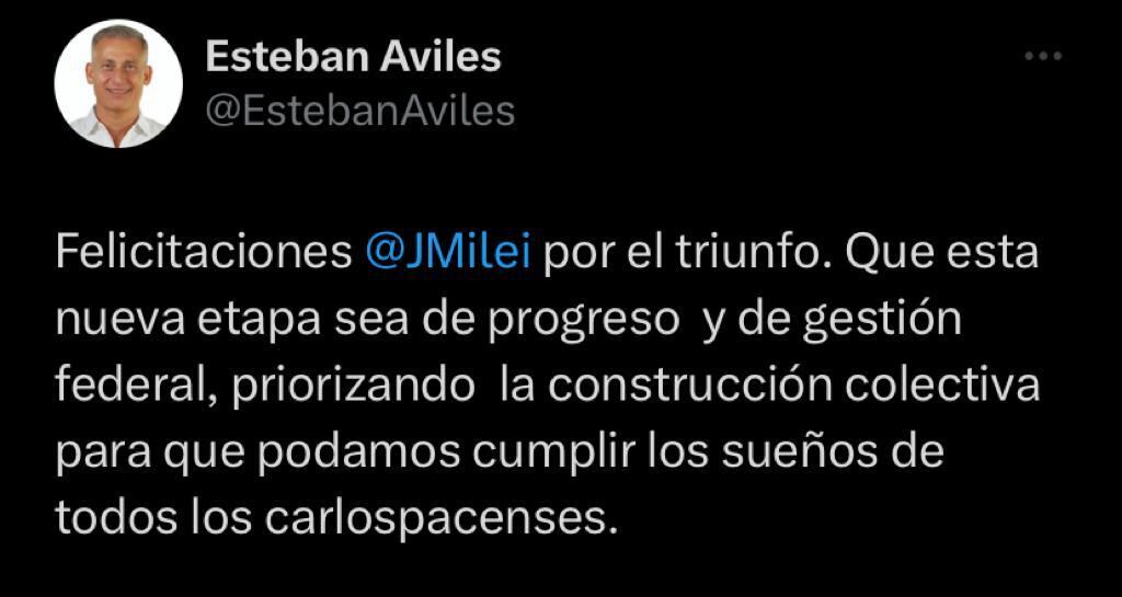 Avilés felicitó a Milei por el triunfo.