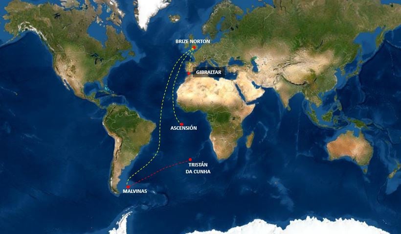 Despliegues realizados por el Gobierno de Reino Unido. La línea amarilla representa las entregas vía aérea, mientras que la roja se realizó vía marítima.