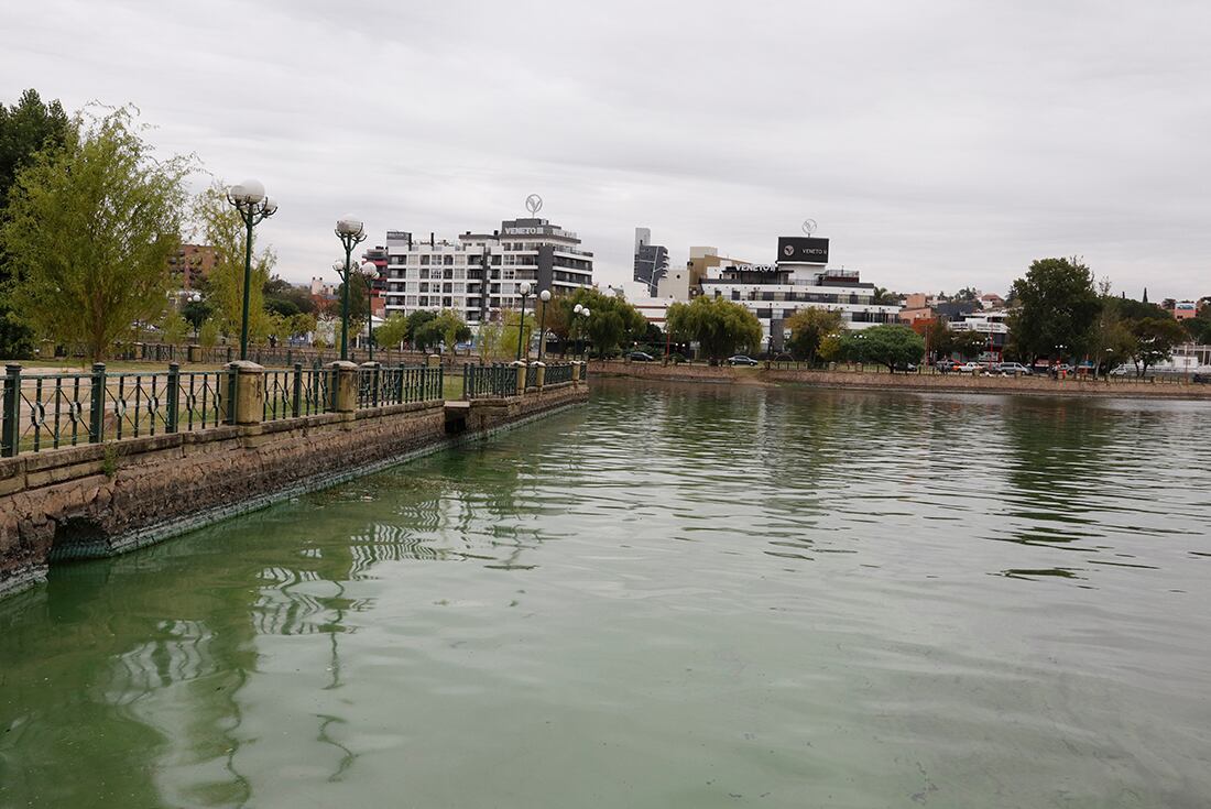 Lago San Roque de Villa Carlos lleno de algas agua contaminada color verde. (Corresponsal Yanina Aguirre)