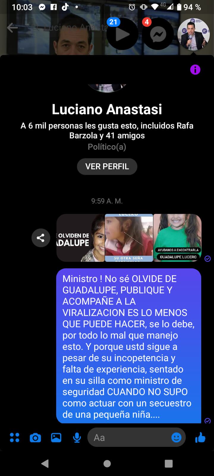 Mensaje de Yamila Cialone, la mamá de Guadalupe Lucero, a Luciano Anastasi