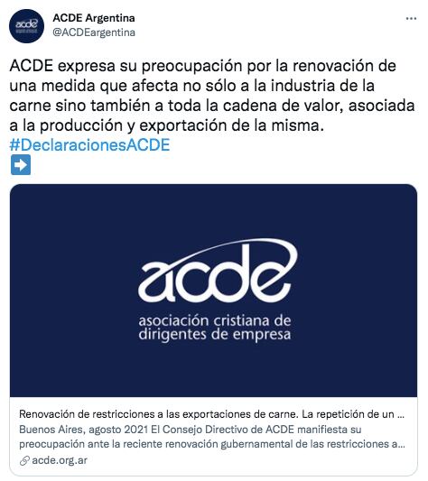 El comunicado oficial de la ACDE sobre la prórroga del cepo a la carne.