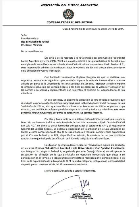 Notificación de la medida que tomó el Consejo Federal y AFA sobre la Liga sanluiseña.