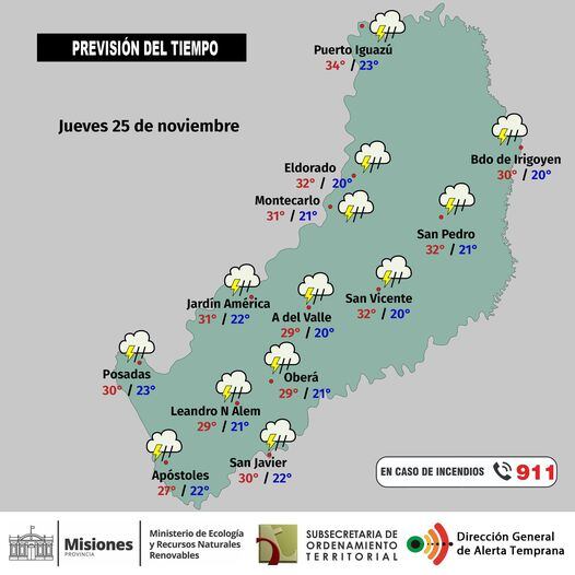 Jueves con precipitaciones y alerta meteorológica en Misiones.