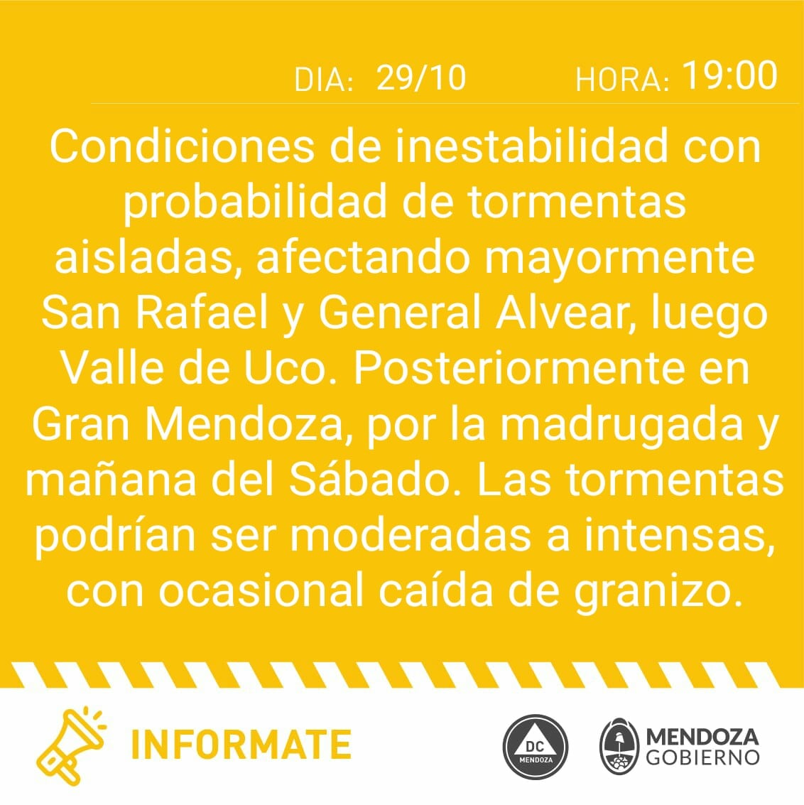 Defensa Civil emitió una alerta por tormentas y granizo.