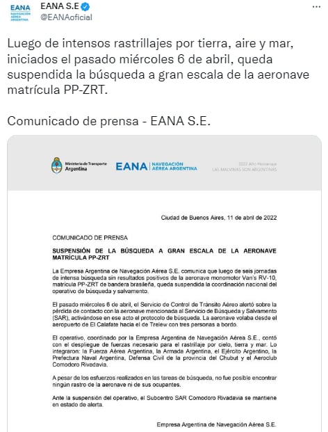 Suspenden la búsqueda de los tres pasajeros brasileños que desaparecieron en un avión yendo a Trelew.