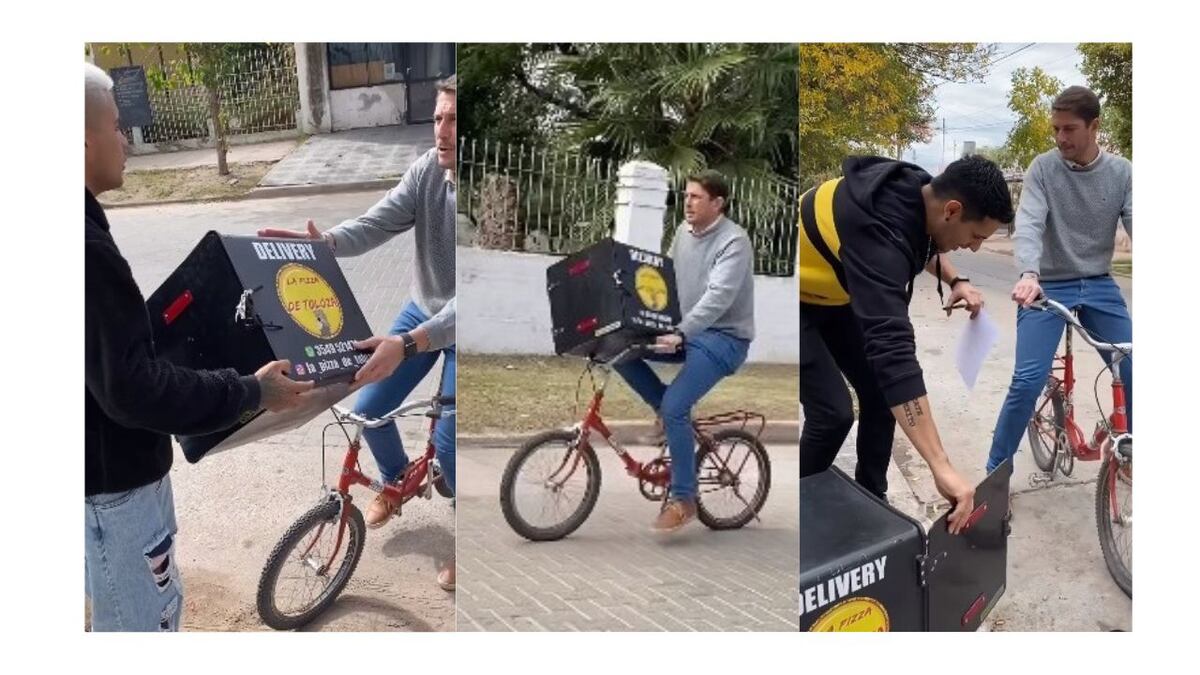 Mirá el sketch de un intendente cordobés con pizzas y una bicicleta al ritmo de “Mercho” que se hizo viral