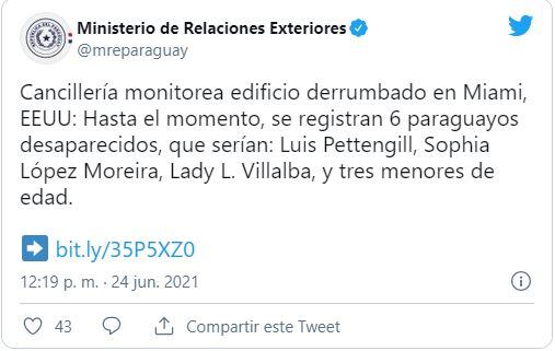 Seis paraguayos desaparecidos en el derrumbe parcial de un edificio de Miami, entre los que se encuentra la cuñada del presidente Mario Abdo Benítez.