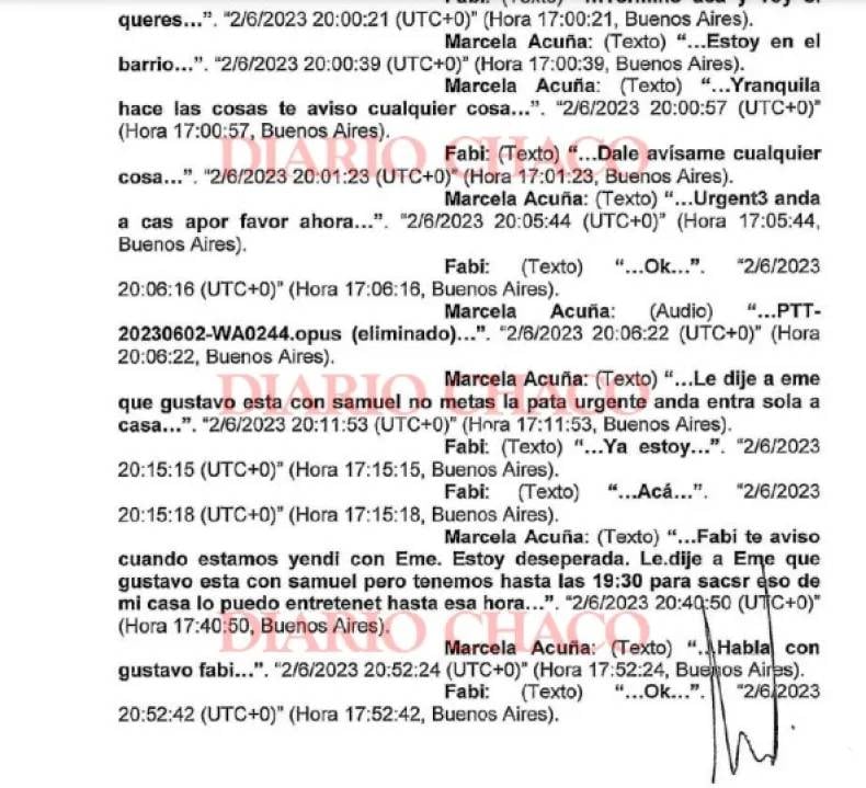 Los mensajes que intercambiaron Marcela Acuña y Fabiana González el viernes 2 de junio.