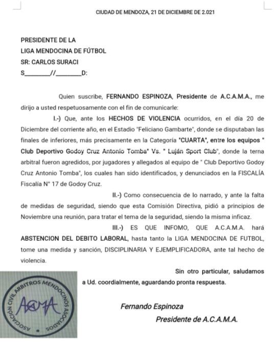 Nota presentada por ACAMA ante la Liga Mendocina de Fútbol.