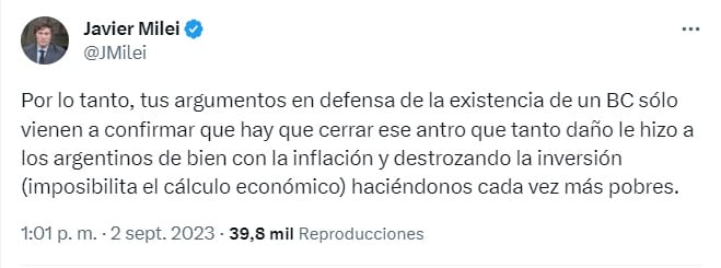 Uno de los tuits de Milei en contra de Massa y el Banco Central