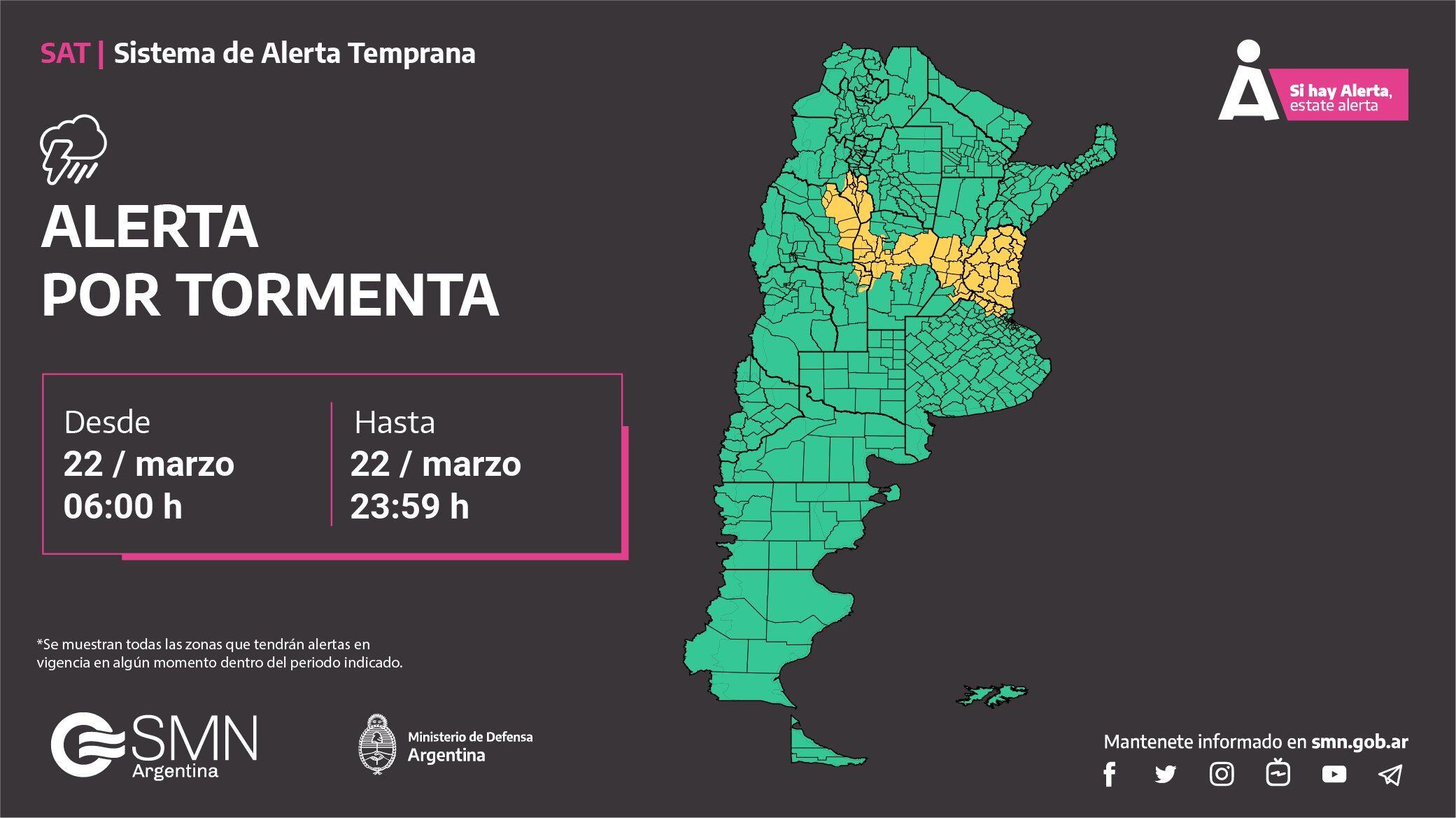 Alerta amarilla por tormentas fuertes en Córdoba.