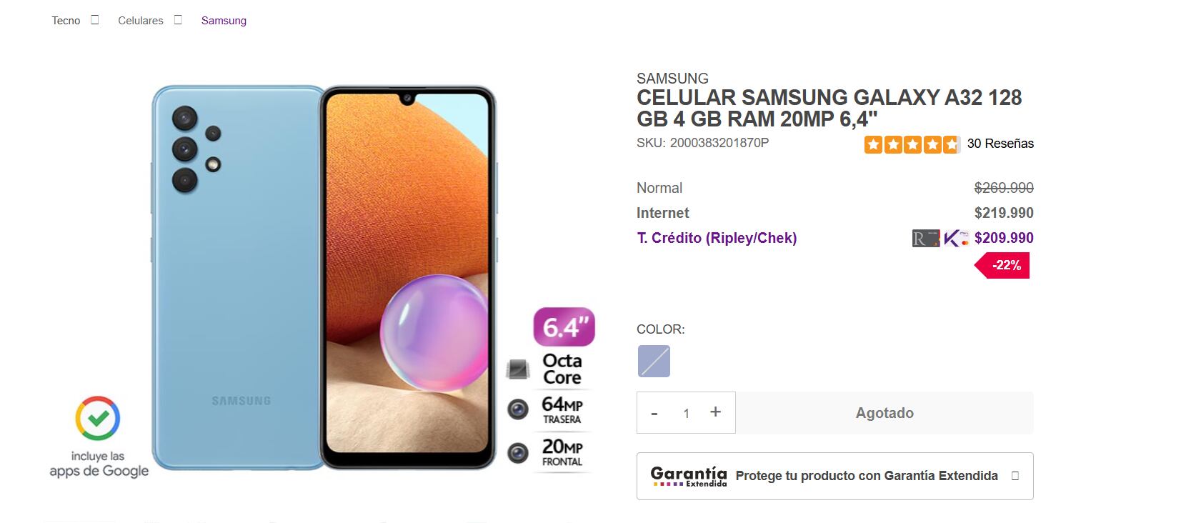 Esto es lo que vale un celular Galaxy A32 de Samsung en Chile.