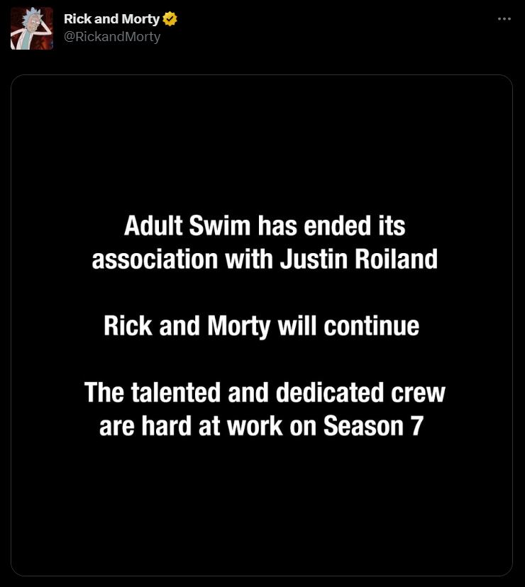 "“Adult Swin termino su asociación con Justin Roildan. Pero Rick y Morty continuará. Nuestro talentoso y dedicado equipo están trabajando en crear la temporada 7”