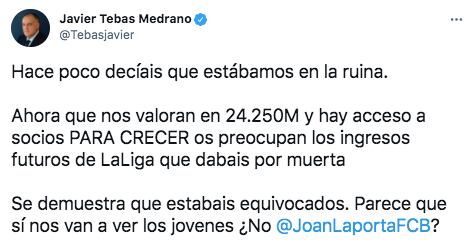 Las declaraciones de Javier Tebas tras los dichos de Joan Laporta.