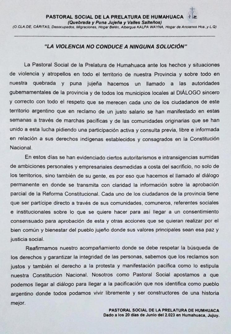 El documento difundido por la Pastoral Social de la prelatura de Humahuaca, con motivo de los graves sucesos producidos este martes en Jujuy.