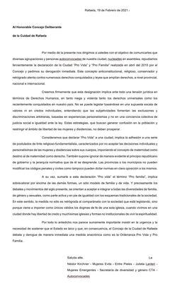 Nota entregada pidiendo que se derogue la declaración de que Rafaela como ciudad Pro Vida