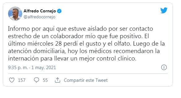 El Twit del ex mandatario mendocino en donde da detalles de su estado de salud.