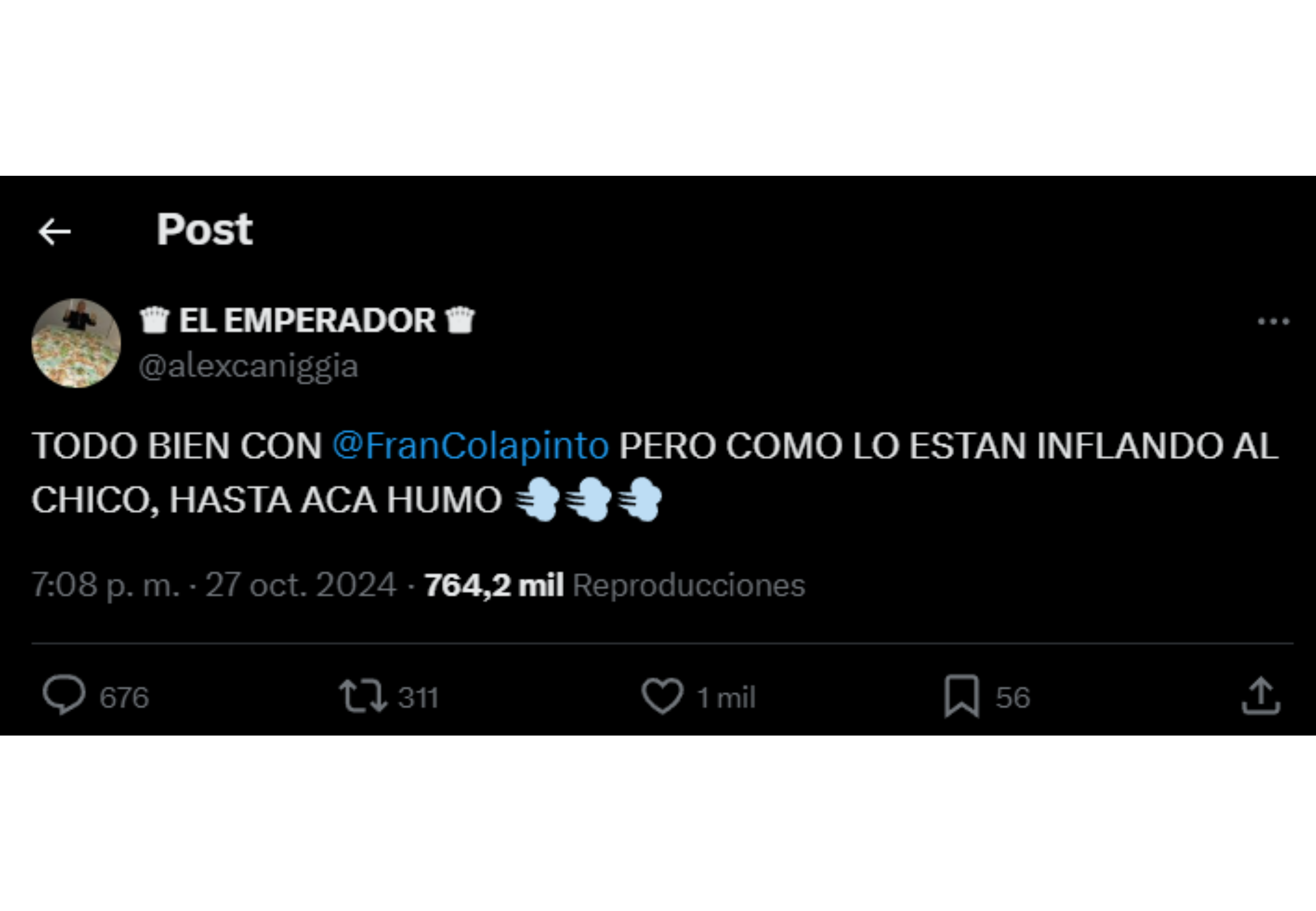 El tweet de Alex Caniggia contra Franco Colapinto que despertó la polémica.