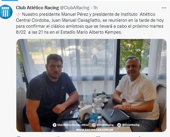 Juan Manuel Cavagliatto y Manuel Pérez, presidentes de Instituto y Racing, respectivamente, delineando el clásico.