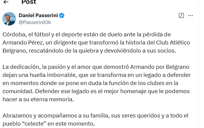 Despedida a Armando Pérez, ex presidente de Belgrano, de Daniel Passerini, intendente de Córdoba