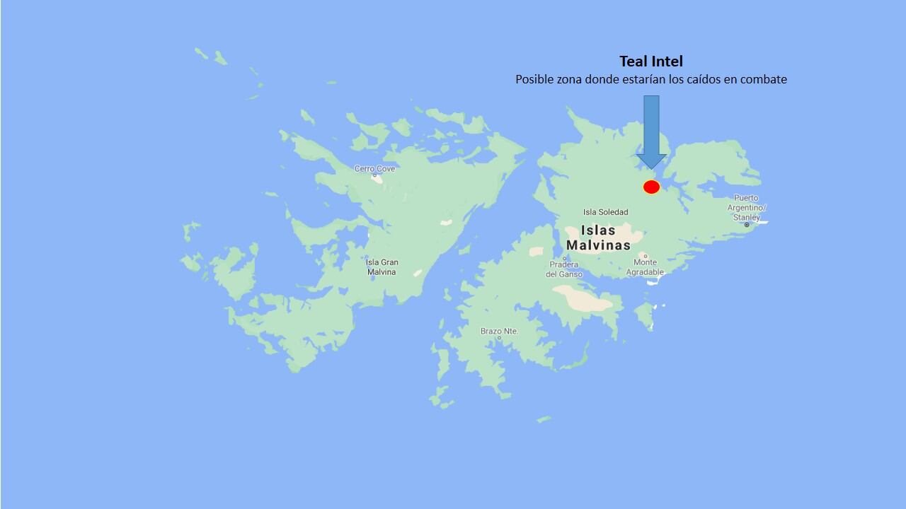Caleta Trullo/Teal Intel. Probable lugar donde se encuentren los cuerpos de 20 soldados argentinos caídos en combate.