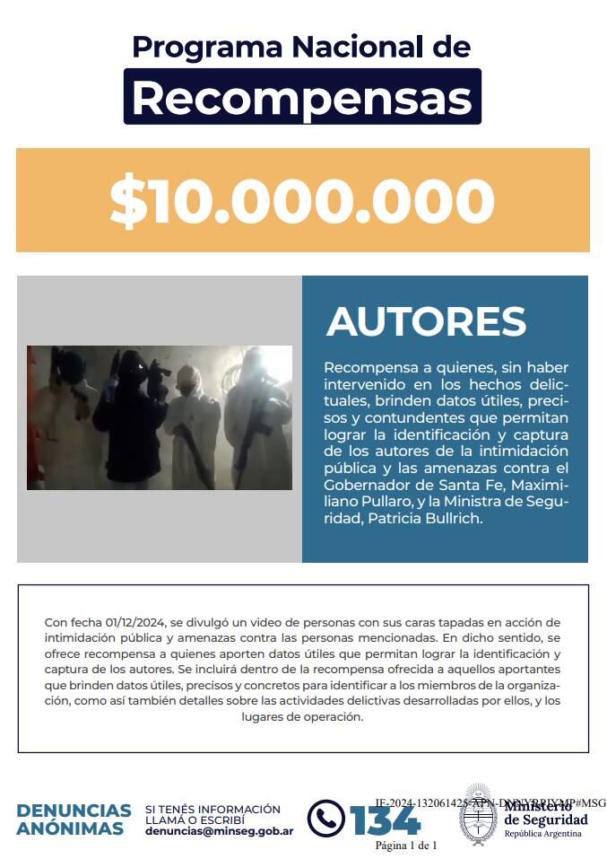 El Ministerio de Seguridad de la Nación fijó una recompensa de $ 10.000.000 para esclarecer la denuncia de un video con amenazas a Patricia Bullrich y Maximiliano Pullaro.