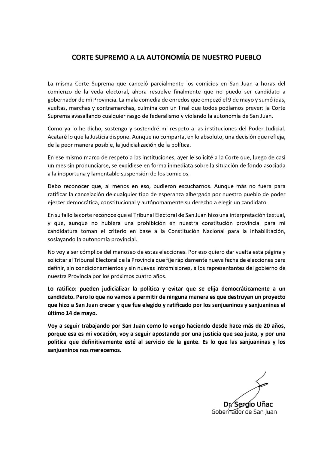 La respuesta de Sergio Uñac a la Corte luego de que prohibiera su nueva candidatura.