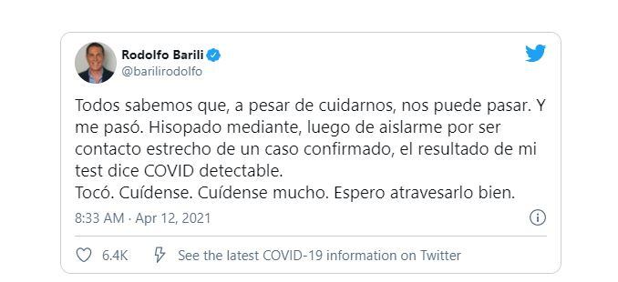 Rodolfo Barili confirmó que es positivo en coronavirus.