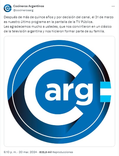 Cocineros Argentinos anunció su despedida de la televisión