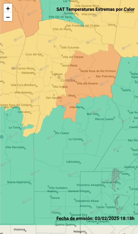 Zonas de la provincia de Córdoba donde rige alerta naranja por altas temperaturas.