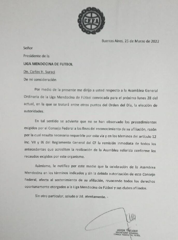 Nota enviada por el Consejo Federal de Fútbol de AFA a la Liga Mendocina de Fútbol.