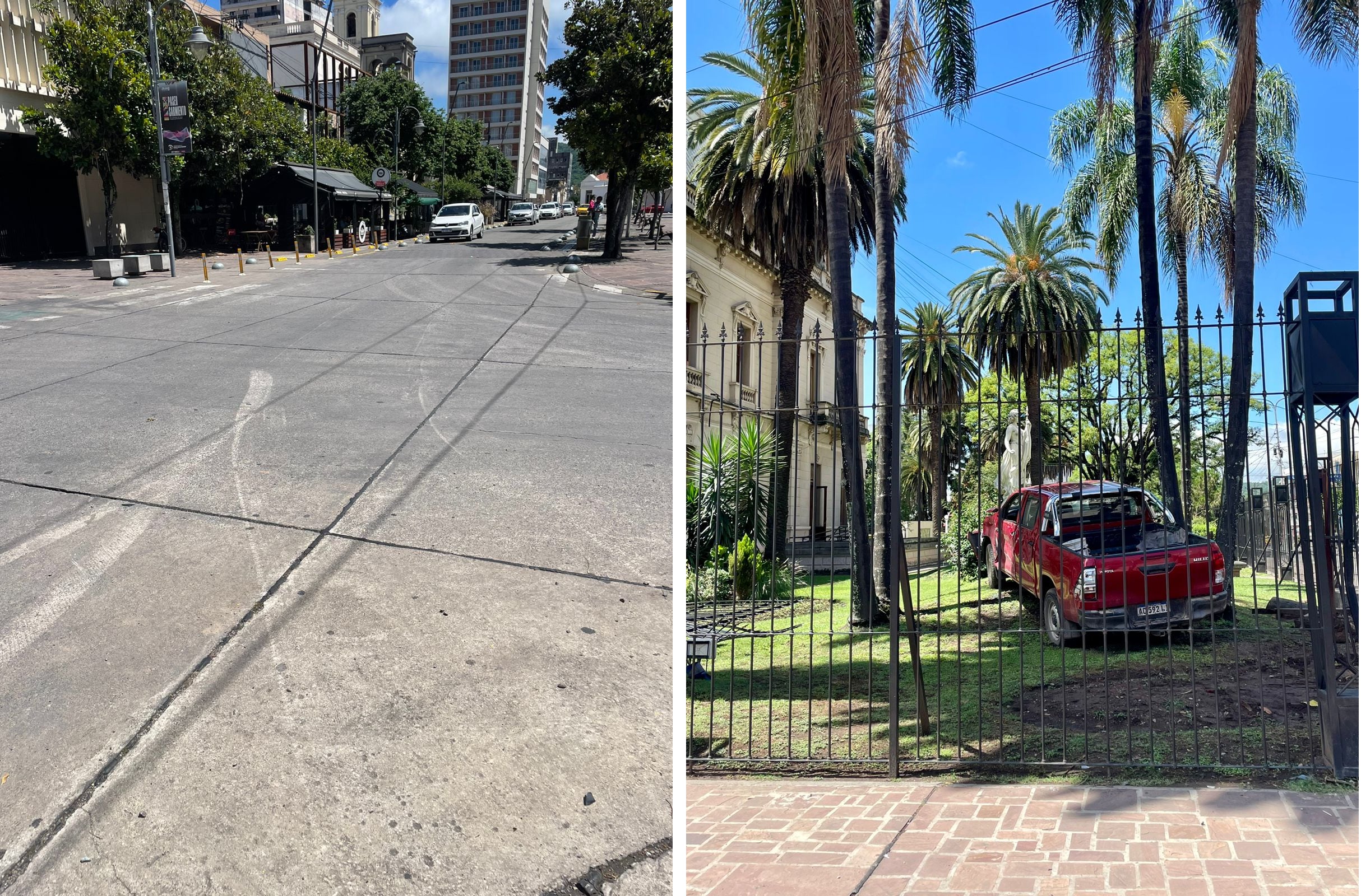 Las marcas de la infructuosa maniobra de frenado en el punto de la colisión, en la esquina de calles Sarmiento y San Martín, frente a la plaza Belgrano de la capital jujeña.