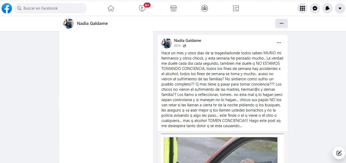 Posteo de Nadia Galdame concientizando contra el alcohol al volante.