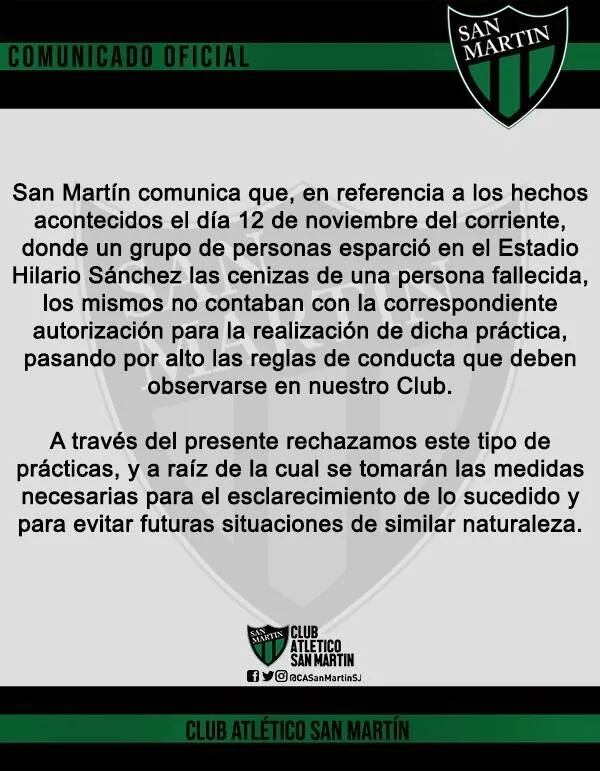 Tiró las cenizas de un difunto en la cancha de San Martín de San Juan y generó polémica en el club. El Comunicado de San Martín de San Juan.