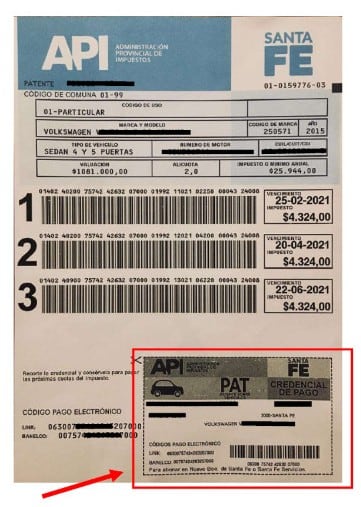 Credencial de pago de patente automotor (Gobierno de Santa Fe)