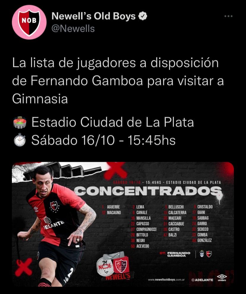 Los convocados de Newell's para enfrentar a Gimnasia de La Plata este sábado a las 15.45 en el estadio Único. (@Newell's)