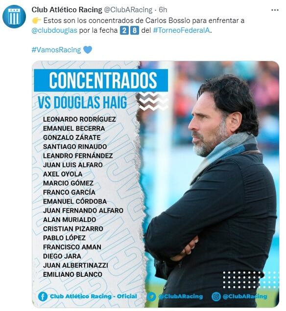 La lista de concentrados, y una formación de Racing, con cambios.